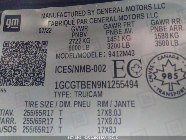 Chevrolet Colorado 2022 1GCGTBEN9N1255494 Image 10