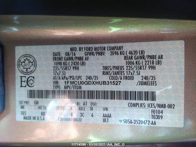 Ford ESCAPE SE 2017 1FMCU0GDXHUB31527 Image 11