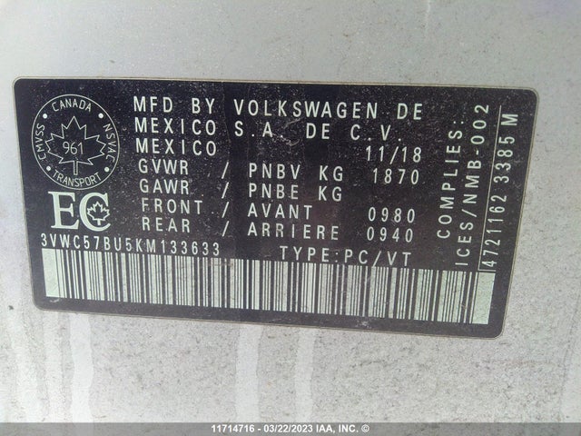 3VWC57BU5KM133633 Volkswagen Jetta S/se/r-line