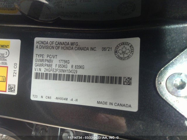 Honda Civic Ex 4dr 2022 2HGFE2F3XNH104329 Image 10