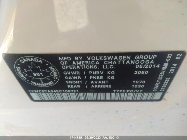 Volkswagen PASSAT SEL 2014 1VWCS7A34EC109721 Image 9