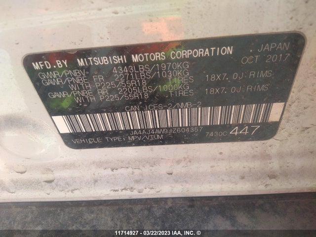 JA4AJ4AW9JZ604357 Mitsubishi Rvr Se Limited/gt