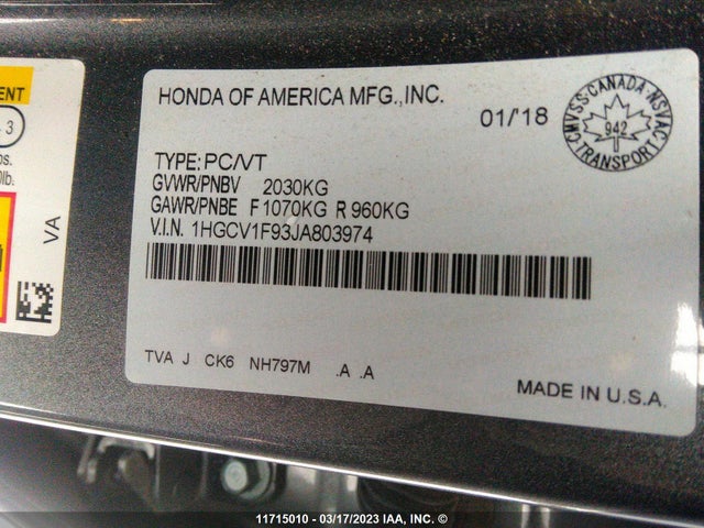 Honda Accord Touring 2018 1HGCV1F93JA803974 Image 11