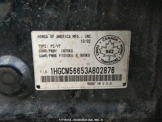 Honda ACCORD EX 2003 1HGCM56653A802876 Image 10