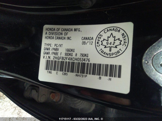 Honda Civic Lx 2012 2HGFB2F4XCH053476 Image 10