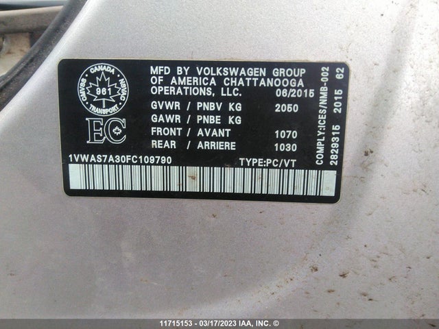 Volkswagen PASSAT S 2015 1VWAS7A30FC109790 Image 10