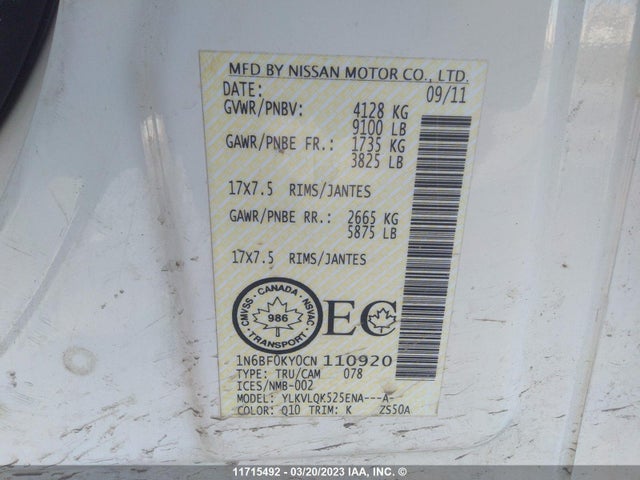 11715492 :رقم المزاد ، 1N6BF0KY0CN110920 vin ، 2012 Nissan Nv 2500 مزاد بيع