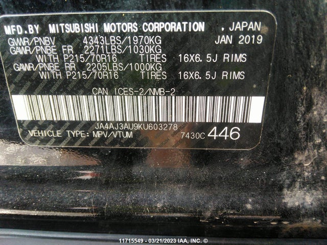 JA4AJ3AU9KU603278 Mitsubishi RVR SE