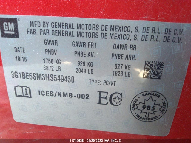 Chevrolet CRUZE LT 2017 3G1BE6SM3HS549430 Image 9