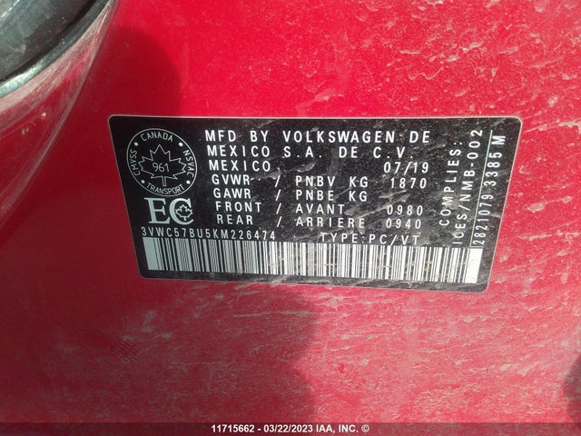3VWC57BU5KM226474 Volkswagen Jetta S/se/r-line