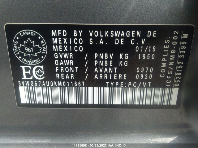 Volkswagen GOLF S/SE 2019 3VWG57AU0KM011667 Image 9