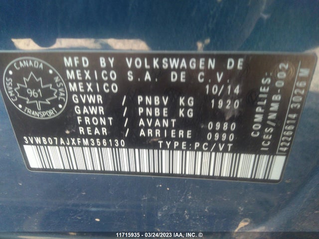 3VWB07AJXFM356130 Volkswagen JETTA SE