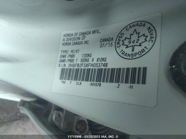 Honda Civic Lx 2015 2HGFB2F5XFH053748 Image 9
