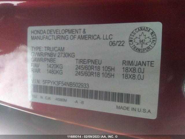 Honda Ridgeline Rtl 2022 5FPYK3F54NB502933 Image 9