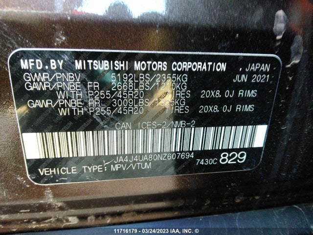 JA4J4UA80NZ607694 Mitsubishi Outlander Se/black Edition