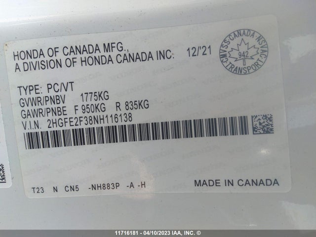 Honda Civic Ex 4dr 2022 2HGFE2F38NH116138 Image 10