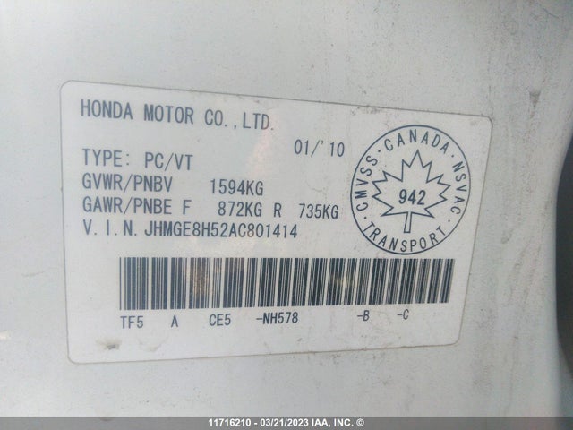 Honda FIT LX 2010 JHMGE8H52AC801414 Image 9