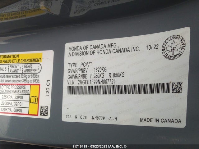 Honda CIVIC 2022 2HGFE1F99NH007721 Image 10