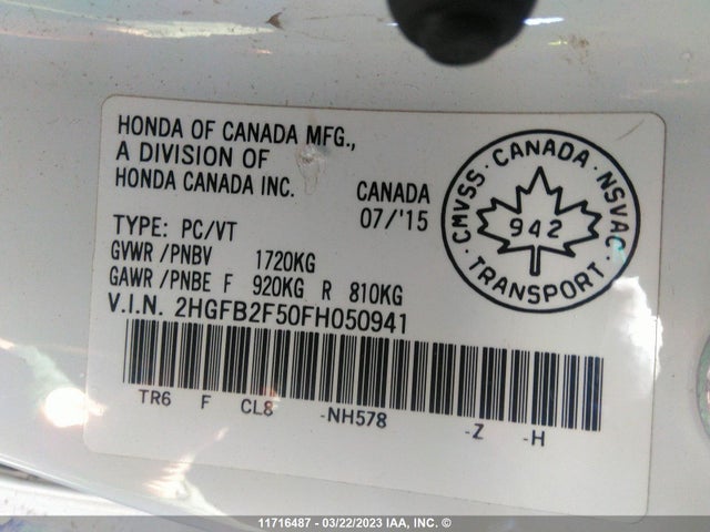 Honda Civic Lx 2015 2HGFB2F50FH050941 Image 9