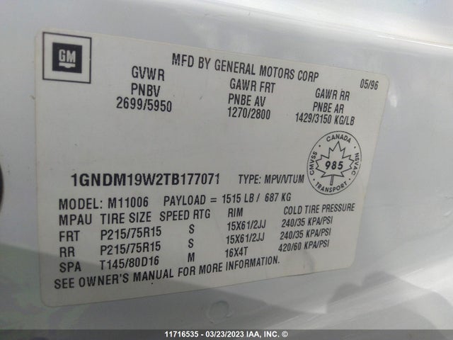 Chevrolet Astro 1996 1GNDM19W2TB177071 Image 10