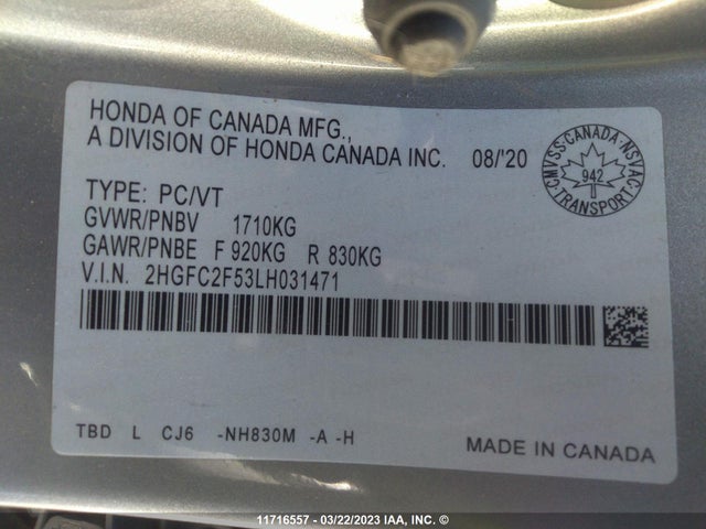 Honda Civic Lx 2020 2HGFC2F53LH031471 Image 10