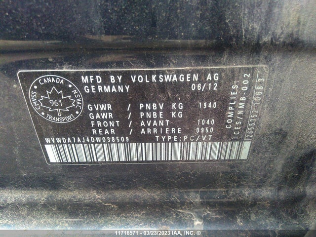 Aukcja sprzedaży 2013 Volkswagen Golf, vin: WVWDA7AJ4DW038509, numer aukcji: 11716571