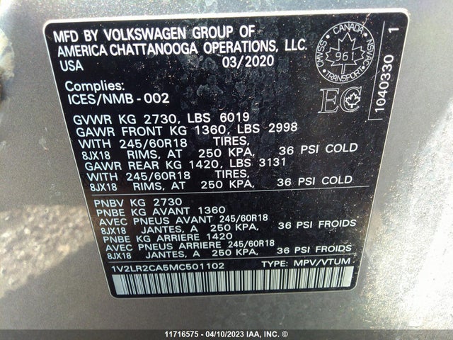 1V2LR2CA5MC501102 Volkswagen ATLAS