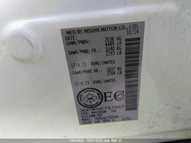 Nissan ROGUE SV 2015 5N1AT2MTXFC787067 Image 10