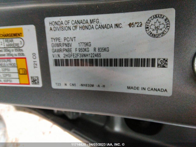Honda Civic Ex 4dr 2022 2HGFE2F39NH122465 Image 11
