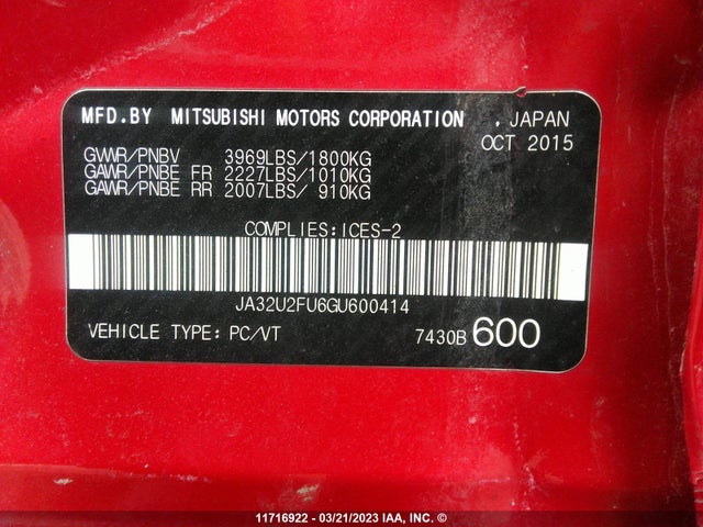 JA32U2FU6GU600414 Mitsubishi LANCER ES