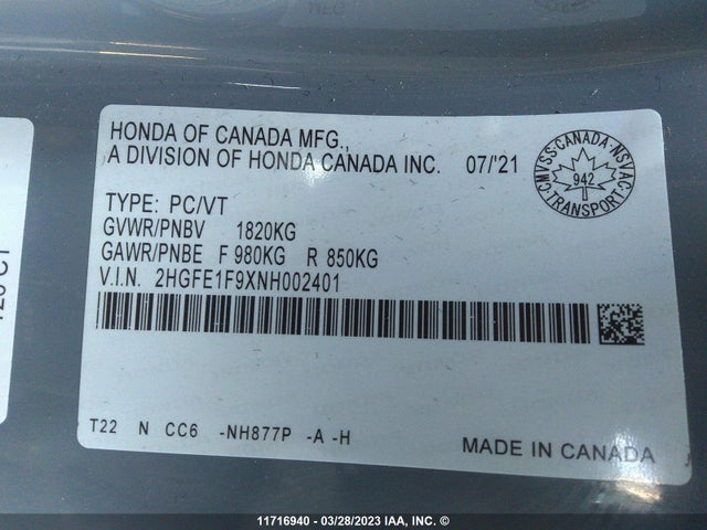 Honda Civic Touring 2022 2HGFE1F9XNH002401 Image 12