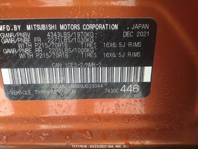 JA4AJVAW4NU603044 Mitsubishi Rvr Se/sel/le/gt