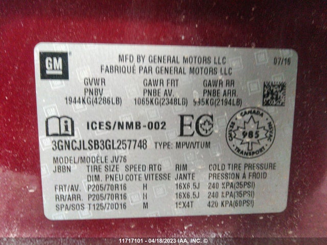 Chevrolet Trax 2016 3GNCJLSB3GL257748 Image 9