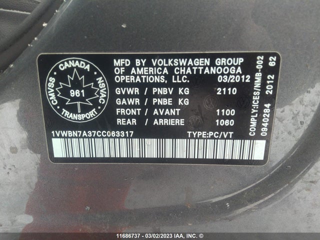 Volkswagen PASSAT SE 2012 1VWBN7A37CC063317 Image 9