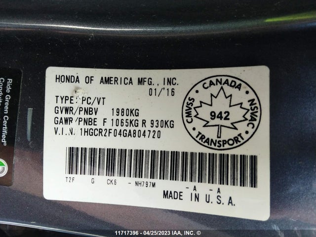 Honda ACCORD EX 2016 1HGCR2F04GA804720 Image 9