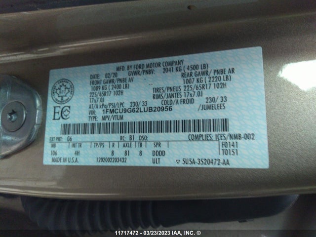 Ford ESCAPE SE 2020 1FMCU9G62LUB20956 Image 10