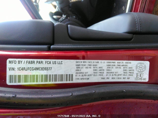 1C4RJFCG4MC839377 Jeep Grand Cherokee Overland