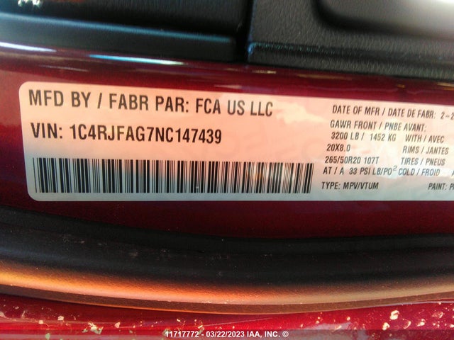 1C4RJFAG7NC147439 Jeep Grand Cherokee Laredo E/laredo X
