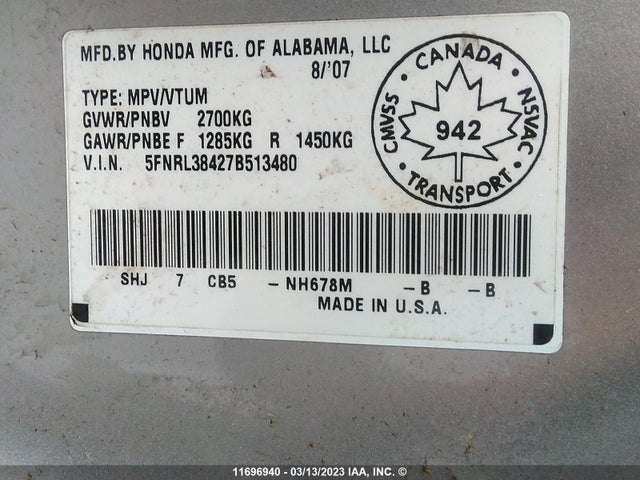 Honda ODYSSEY EX 2007 5FNRL38427B513480 Image 10
