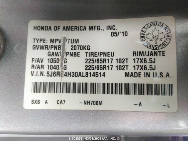 Honda CR-V LX 2010 5J6RE4H30AL814514 Image 10