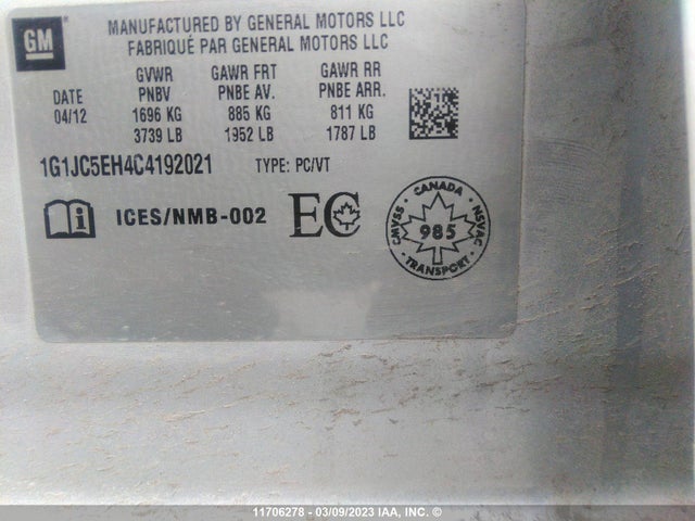 Chevrolet SONIC LT 2012 1G1JC5EH4C4192021 Image 10