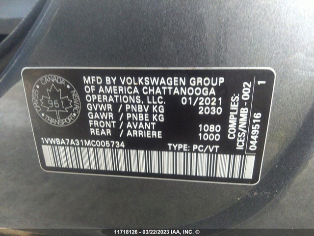 1VWBA7A31MC005734 Volkswagen Passat Highline