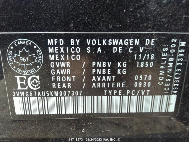 Volkswagen GOLF S/SE 2019 3VWG57AU5KM007307 Image 11