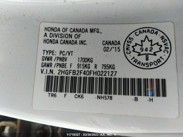 11718327 :رقم المزاد ، 2HGFB2F40FH022127 vin ، 2015 Honda Civic Lx مزاد بيع