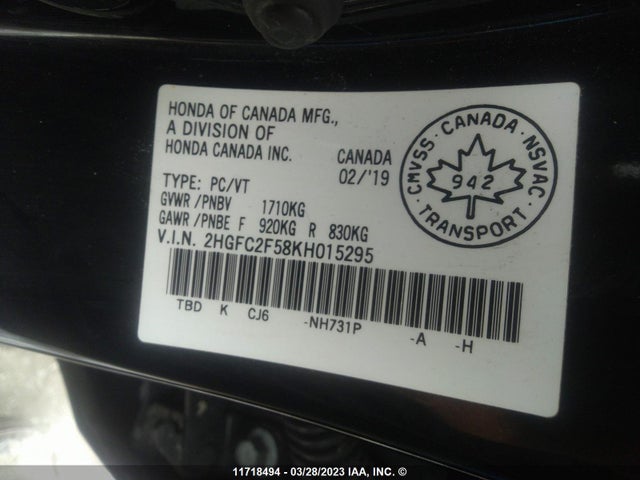 Honda Civic Lx 2019 2HGFC2F58KH015295 Image 9
