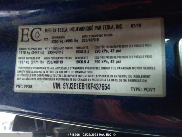 5YJ3E1EB1KF437654 Tesla MODEL 3