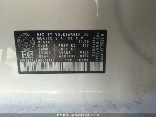 3VWG57AU9MM009130 Volkswagen GOLF