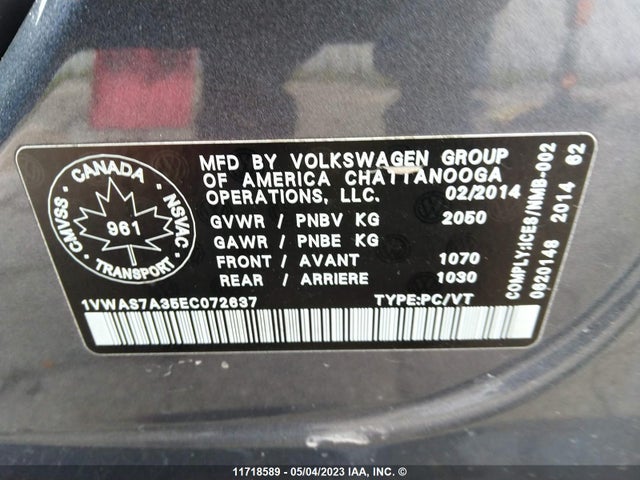 Volkswagen PASSAT 2014 1VWAS7A35EC072637 Image 9