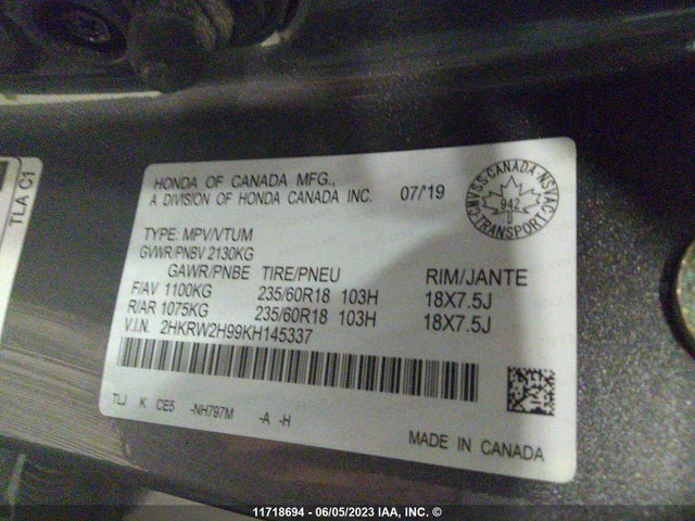 Honda Cr-v Touring 2019 2HKRW2H99KH145337 Image 9