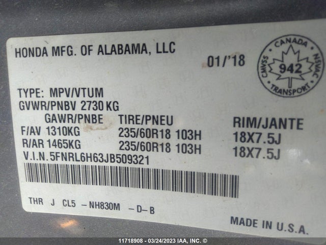 Honda ODYSSEY EXL 2018 5FNRL6H63JB509321 Image 11